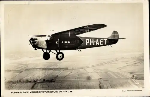 Ak Niederländisches Verkehrsflugzeug, KLM, Fokker F VII, PH AET