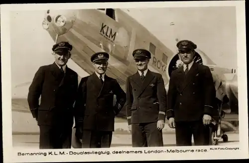 Ak Bemanning KLM, Douglasvliegtuig, deelnemers London-Melbourne race, Flugzeugbesatzung, Piloten