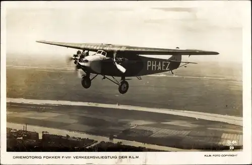 Ak Niederländisches Passagierflugzeug, KLM, Fokker F VII, PH AEZ