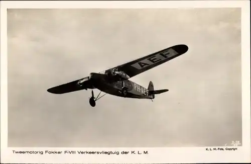 Ak Niederländisches Passagierflugzeug, KLM, Fokker F VIII, PH AEF