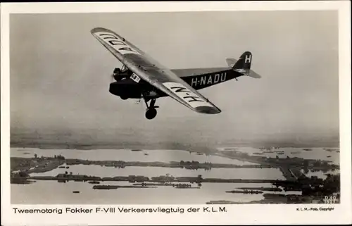 Ak Niederländisches Verkehrsflugzeug, Fokker F VIII, KLM, H NADU