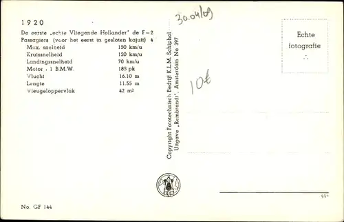 Ak Fokker F 2, H-NABI, KLM, niederländisches Passagierflugzeug, Monoplan