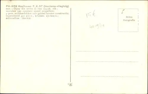 Ak Niederländisches Passagierflugzeug, PH KOK Koolhoven FK 57