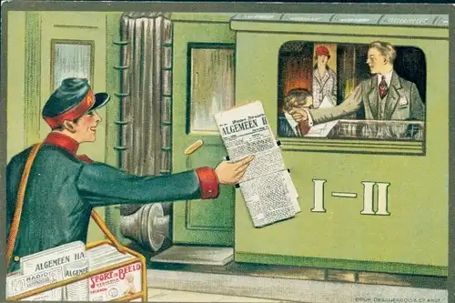 Künstler Ak Zeitungsverkäufer am Bahnsteig, Zug, Fahrgäste, Algemeen Handelsblad, Reklame