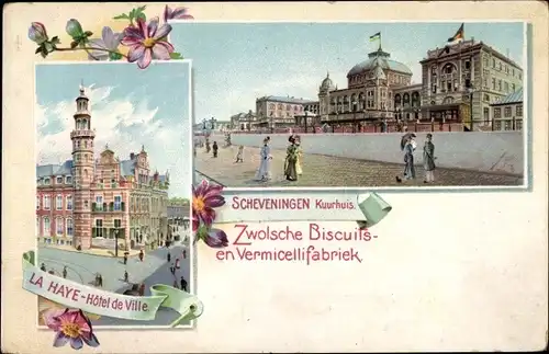 Ak Scheveningen Den Haag Südholland, Kuurhuis, La Haye, Hotel de Ville, Zwolsche Biscuits, Reklame