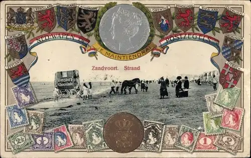 Präge Briefmarken Wappen Ak Zandvoort aan Zee Nordholland, Strand, Königin Wilhelmina