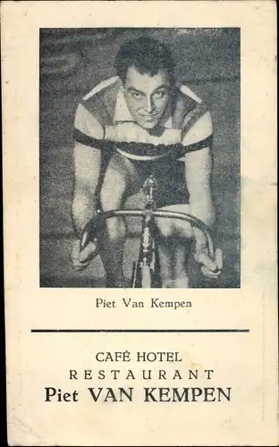 Ak Bruxelles Brüssel, Radrennfahrer, Piet van Kempen, Hotel Restaurant, Bolwerklaan