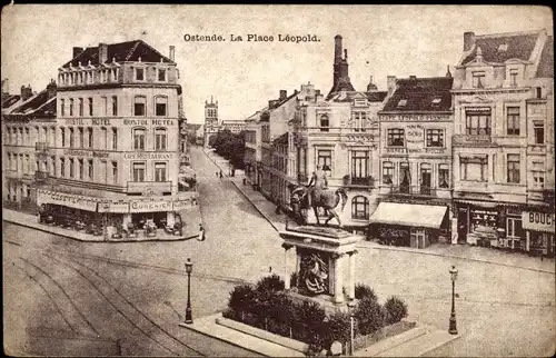 Ak Oostende Ostende Westflandern, La Place Leopold, Denkmal, Hotel