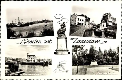 Ak Zaandam Zaanstad Nordholland, Havengezicht, Kleine Sluis, Voorzaan en Gemeentehuis