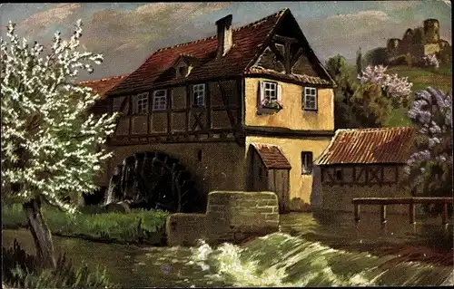Künstler Ak Reklame, Underberg Serie I 1, Mühlen Idyllen, Landschaft mit Wassermühle