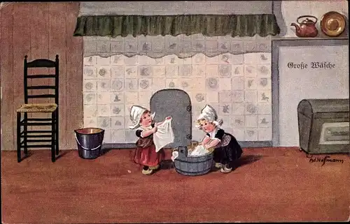 Künstler Ak Hoffmann, Ad., Große Wäsche, Frauen in niederländischen Trachten