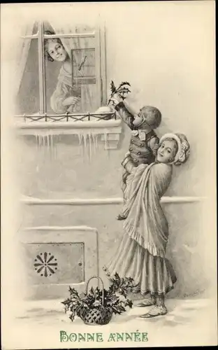 Ak Glückwunsch Neujahr, Kinder mit Stechpalmenzweigen vor einem Haus