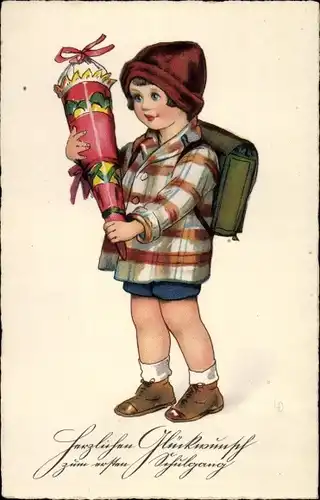 Künstler Ak Döring, Lia, Glückwunsch Einschulung, Kind mit Schultüte und Ranzen