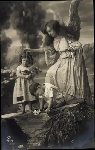 Ak Schutzengel wacht über zwei Kinder auf einem Steg