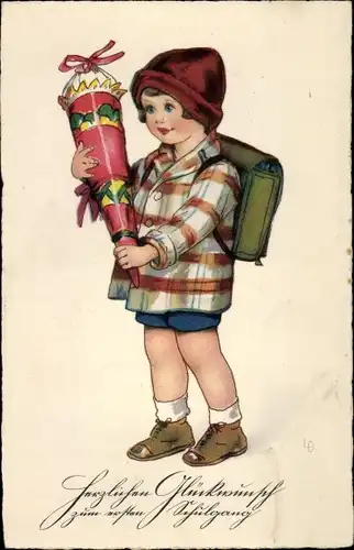 Künstler Ak Döring, Lia, Glückwunsch Einschulung, Kind mit Schultüte und Ranzen