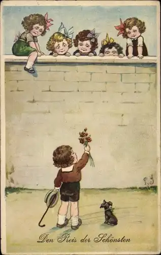 Künstler Ak Den Reis der Schönsten, Mädchen hinter einer Mauer, Junge mit Blumenstrauß