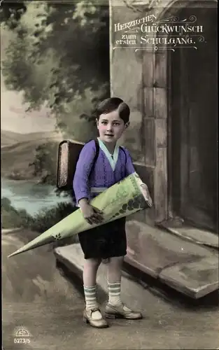 Ak Glückwunsch Einschulung, Zuckertüte, Schulranzen, Junge