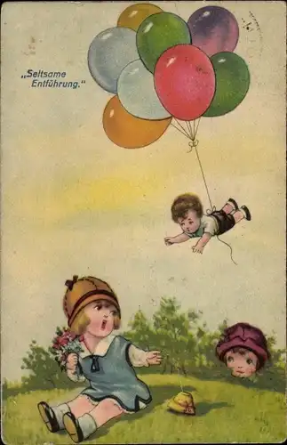 Künstler Ak Seltsame Entführung, Junge fliegt mit Luftballons davon