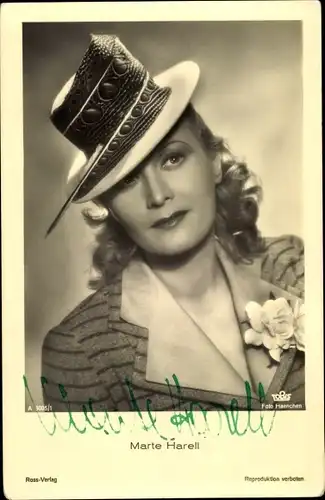 Ak Schauspielerin Marte Harell, Portrait, Hut
