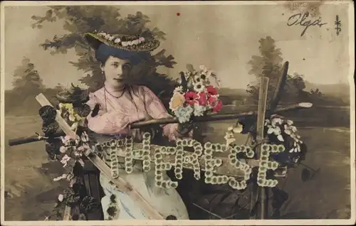 Buchstaben Ak Frauenname Therese, Frau, Hut, Blumenstrauß