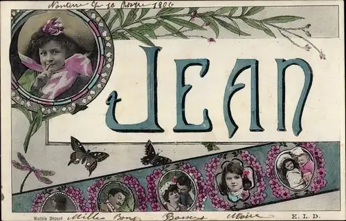 Buchstaben Ak Französischer Vorname Jean, Frau-Portrait, Blumen