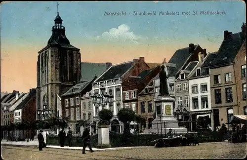 Ak Maastricht Limburg Niederlande, Standbeeld Minkelers met St. Mathiaskerk