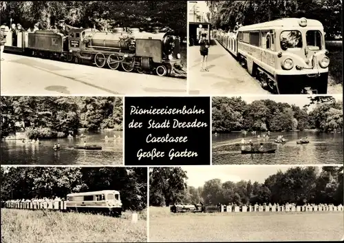 Ak Dresden Zentrum Altstadt, Pioniereisenbahn, Carolasee, Großer Garten