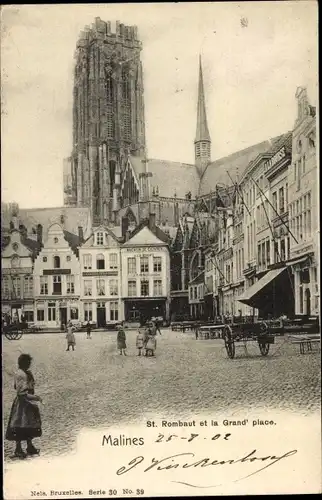 Ak Mechelen Mecheln Malines Flandern Antwerpen, St. Rombaut et la Grand'place