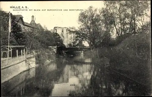 Ak Halle an der Saale, Saalepartie mit Blick auf Burgbrücke und Moritzburg