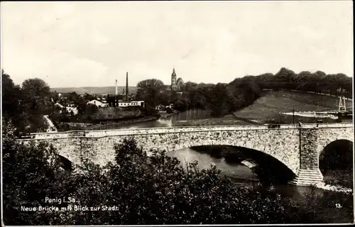 Ak Penig in Sachsen, Neue Brücke mit Blick zur Stadt, Kirchturm