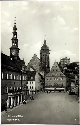 Ak Pirna an der Elbe, Obermarkt, Geschäfte, Kirche