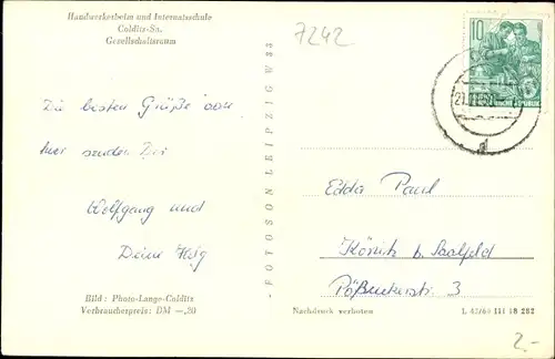 Ak Colditz in Sachsen, Handwerkerheim und Internatsschule Waldhaus, Speisesaal