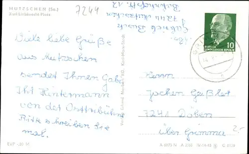 Ak Mutzschen Grimma in Sachsen, Karl Liebknecht Platz, Kirche, Geschäfte, Ratskeller