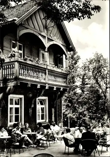 Ak Steina in Sachsen, Berggaststätte Schwedenstein, Terrasse, Gäste