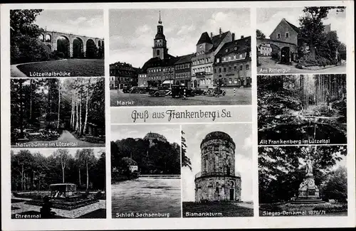 Ak Frankenberg an der Zschopau, Lützeltalbrücke, Bismarckturm, Naturbühne, Schloss Sachsenburg