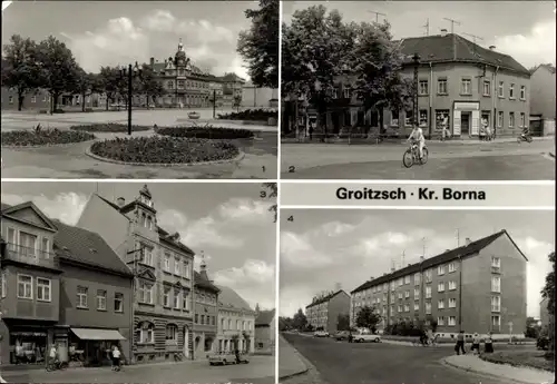 Ak Groitzsch in Sachsen, Platz des Friedens, Blick zur Linden-Drogerie, Teilansicht, Neubaugebiet