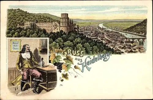 Litho Heidelberg am Neckar, Stadtpanorama, Trompeter von Säckingen im Wirtshaus, Behüt dich Gott