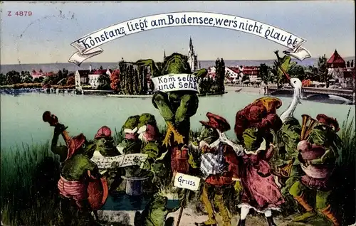 Künstler Ak Konstanz am Bodensee, Froschkonzert, Stadtbild, Seeufer