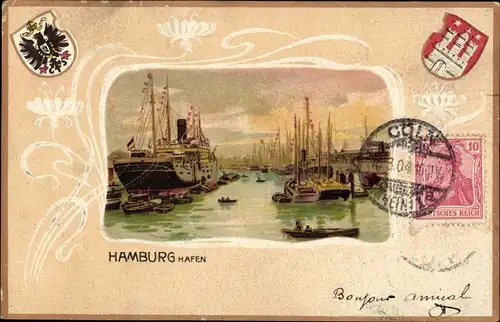 Präge Wappen Ak Passepartout Ak Hamburg Hafen, Schiffe