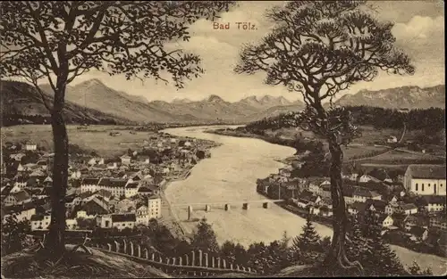 Ak Bad Tölz in Oberbayern, Panorama mit Fluss und Brücke