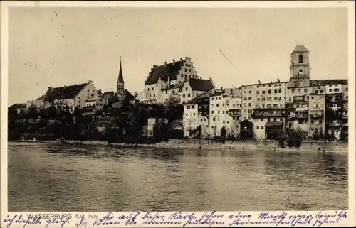 Ak Wasserburg am Inn in Oberbayern, Panorama mit Fluss