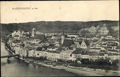 Ak Wasserburg am Inn in Oberbayern, Panorama mit Fluss