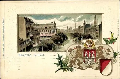 Präge Wappen Passepartout Litho Hamburg St. Pauli, Ortspartie