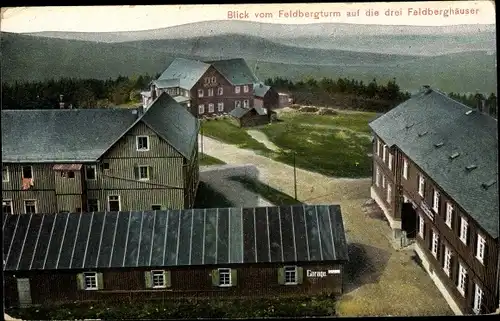 Ak Feldberg im Schwarzwald, Blick vom Feldbergturm auf die drei Feldberghäuser