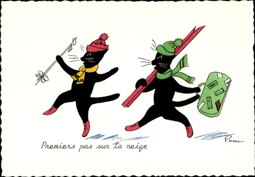 Künstler Ak Premiers pas sur la neige, vermenschlichte Katzen mit Skiern
