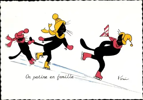 Künstler Ak On patine en famille, vermenschlichte Katzen beim Eislaufen