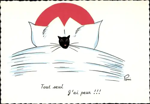 Künstler Ak Tout seul j'ai peur, Katze im Bett