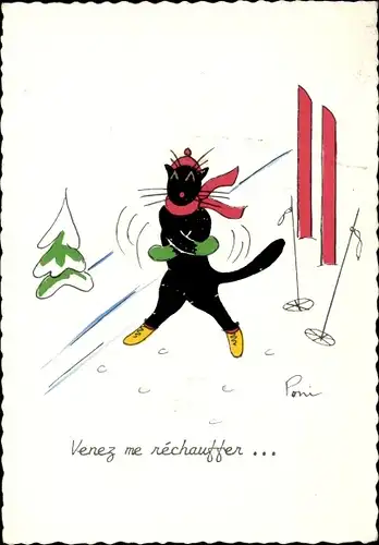 Künstler Ak Venez me nechauffer, vermenschlichte Katze, Skier