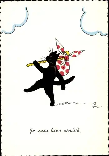 Künstler Ak Je suis bien arrive, vermenschlichte Katze mit Wanderbündel