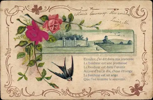 Stoff Präge Litho Rosen, Schwalben, Parkanlage